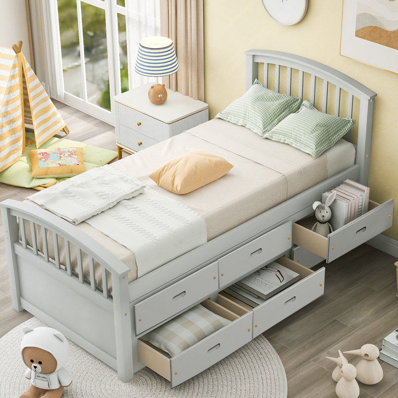 Lit plateforme simple avec rangement en bois massif et 6 tiroirs, Gray