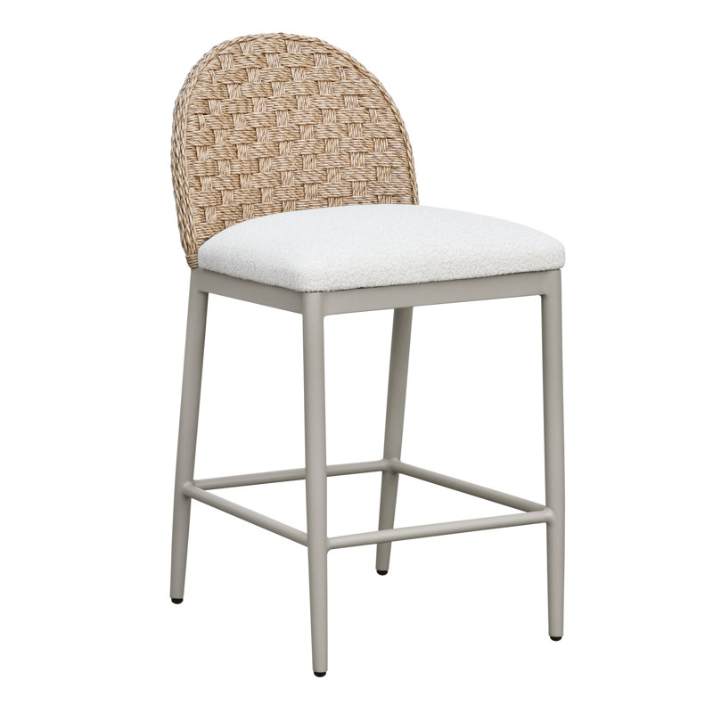 Tani Counter Height Outdoor Barstool With Natural Rattan Backrest And Ivory Boucle Upholstered Seat
