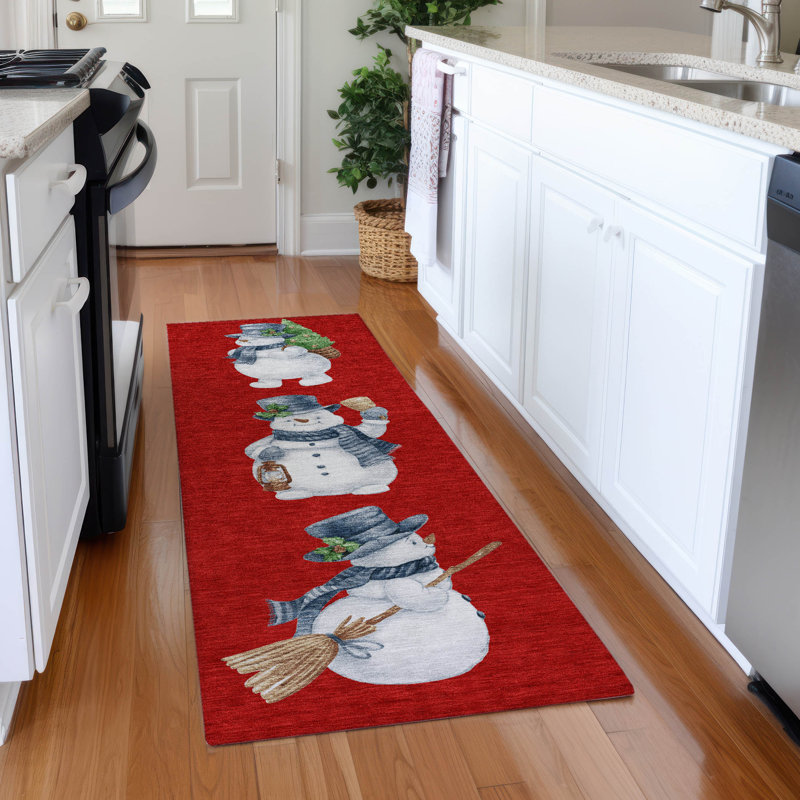 Tapis de Noël Xhevrie bonhomme de neige intérieur / extérieur lavable à la machine, Tapis de couloir 2 pi 3 po x 7 pi 6 po