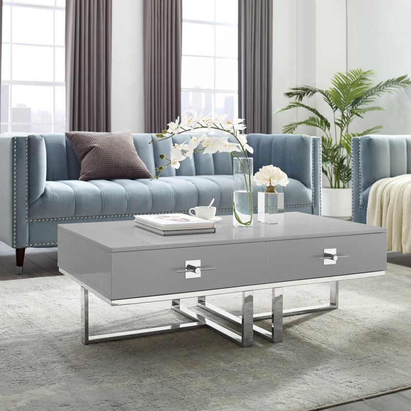 Table basse Nicole Miller Plumeria pour le bureau du salon, Gris clair / chrome