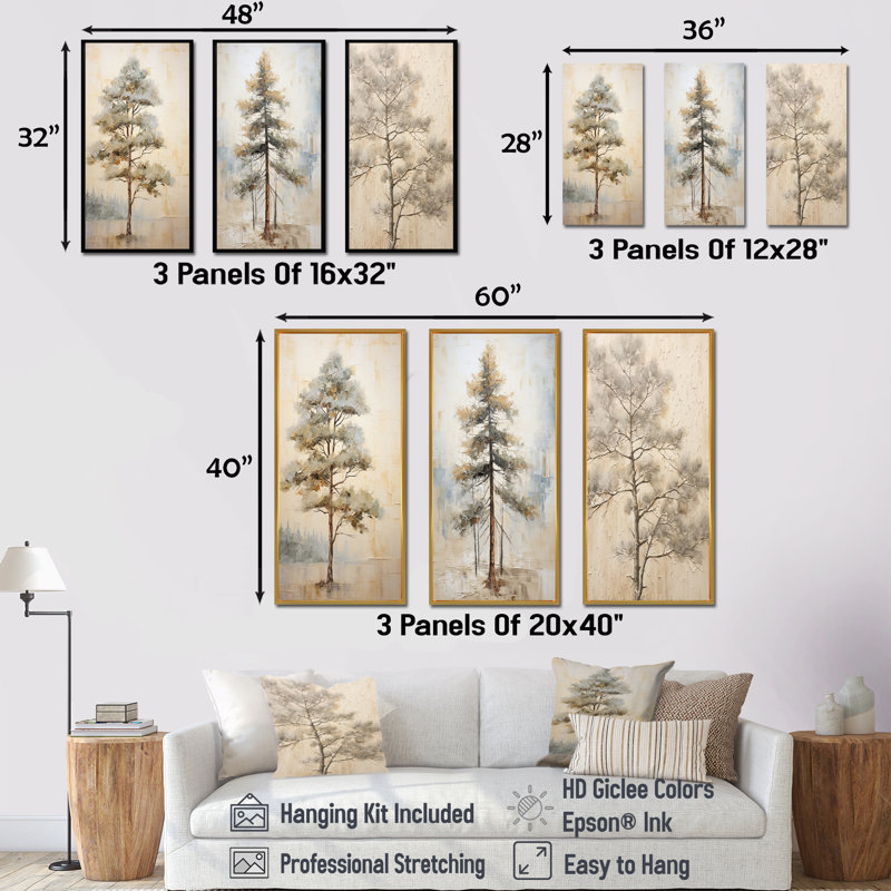 «Beige Tree Pine», ensemble de 3 reproductions d'art sur toile, Cadre flottant noir, H 32 po x l 48 po