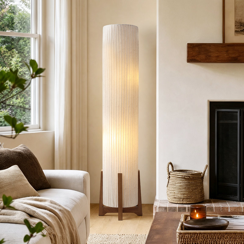 Lampadaire plissé organique moderne de 137 cm avec base en bois massif couleur noyer, 2 ampoules DEL et interrupteur au pied