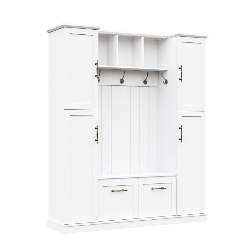 ON-TREND Farmhouse Elegant Hall Tree With 4 Side Cabinets, White