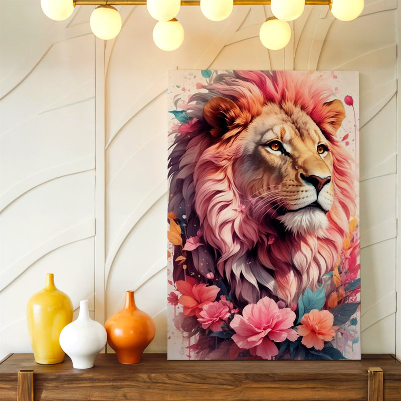 Reproduction d'art sur toile moderne à motif de lion à crinière rose, 11 x 14 po