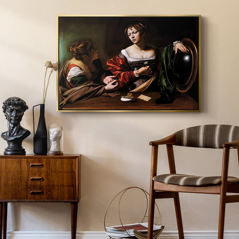Martha et Mary Magdalene, v. 1598 - Toile tendue avec châssis Caravaggio, 24 po x 36 po, Doré