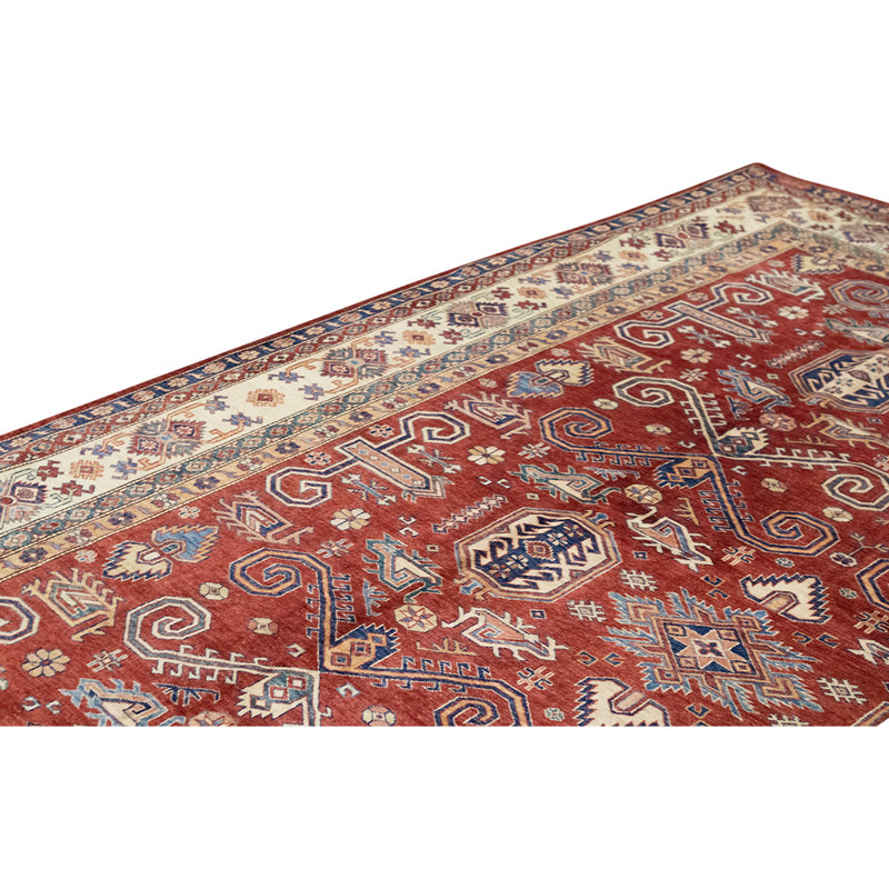 Tapis unique en laine noué à la main de 9 pi 9 po x 13 pi rouge / beige / bleu
