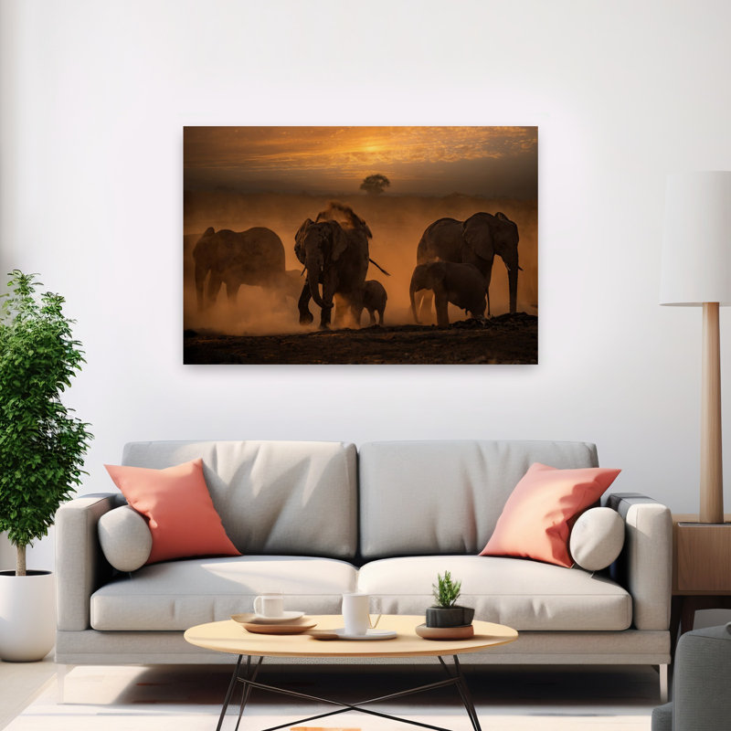 Golden Hour Elephant Family Abstract Contemporary Landscape Nature Wall Art Print, 101.6cm H x 152.4cm W