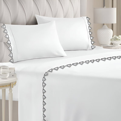 Ashley 400TC Cotton Traingle Embroidery Cotton 4 Piece Sheet Set Fitted Sheet Fits Upto 16" Deep Pocket