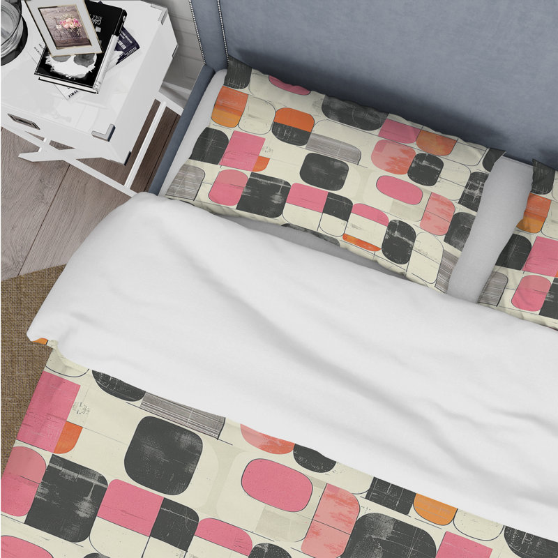 Ensemble de housse de couette rose et noir Midcentury Shapes, Housse de couette pour grand lit et 2 taies décor