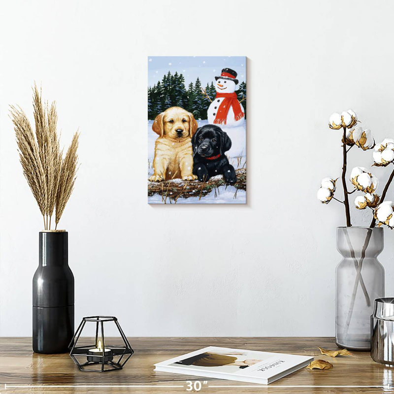 Brampt Lab Puppies With Snowman, 12" H x 8" W