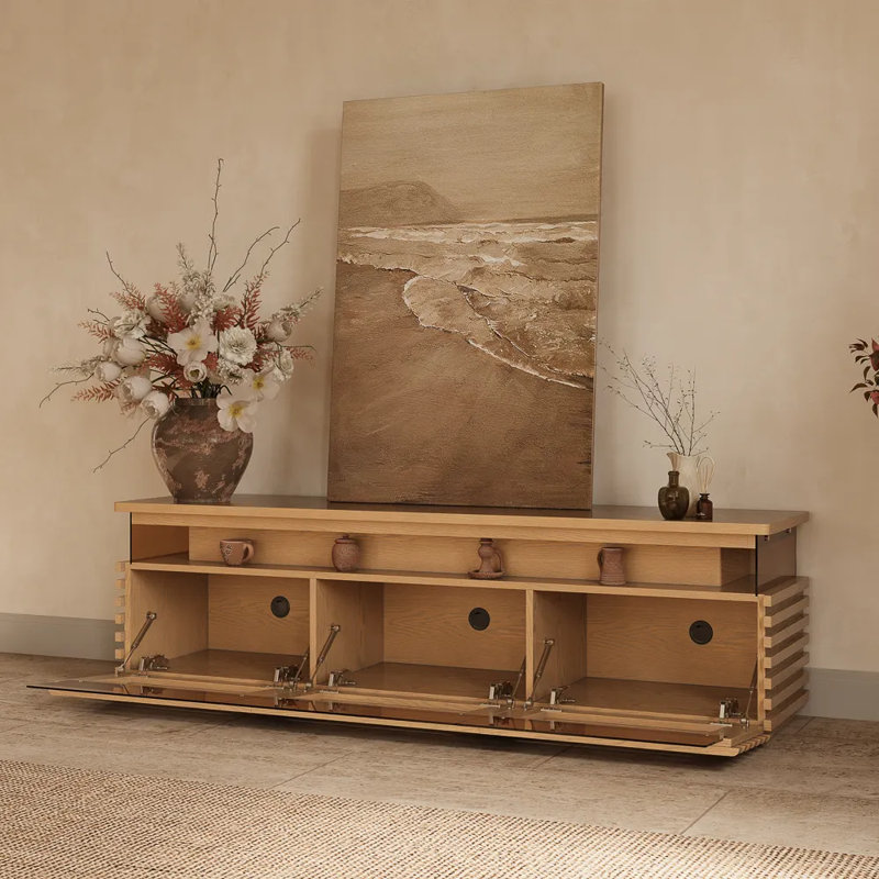 Console multimédia à lattes Selene avec éclairage DEL, aucun assemblage requis, Chêne, H 20,47 po x L 70,87 po x l 17,72 po