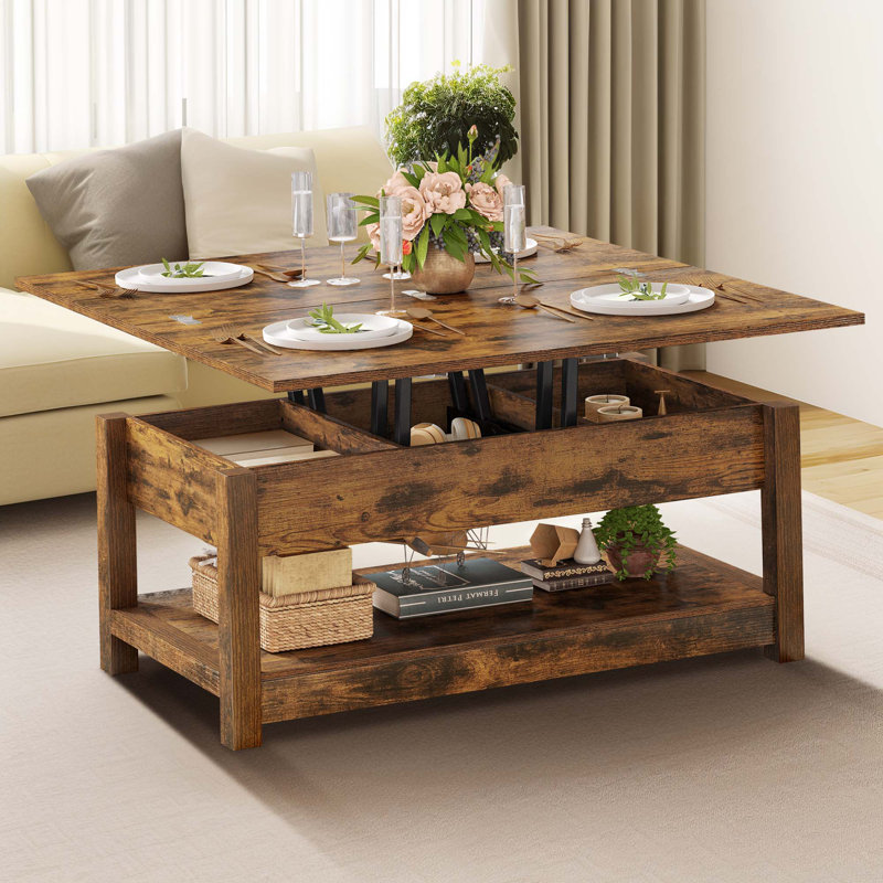 Bojko Multi-Function Lift Top Coffee Table with Hidden Compartment and Storage Shelf, Rustic Brown, Rustic Brown