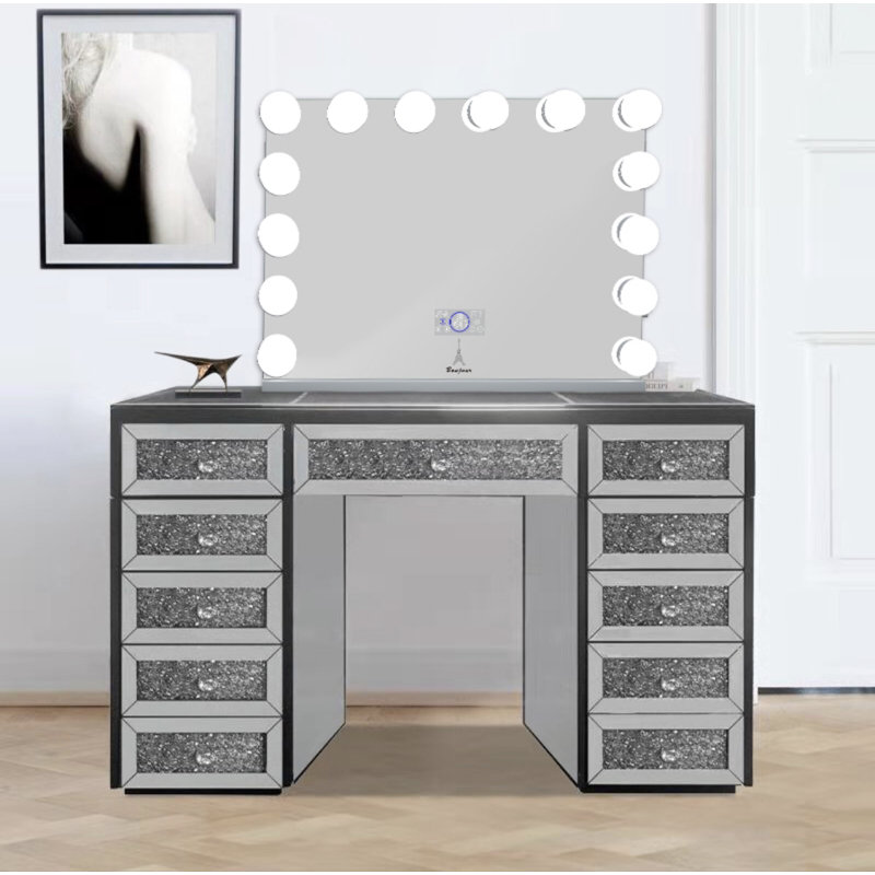 Ensemble coiffeuse Hollywood avec miroir, Gris, H 27 x l 31,5