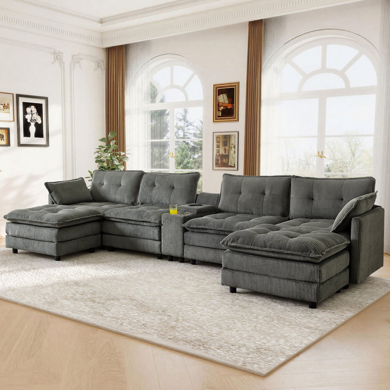 Canapé modulaire en U surdimensionné en U en velours côtelé avec repose-pieds et console, Velours côtelé gris