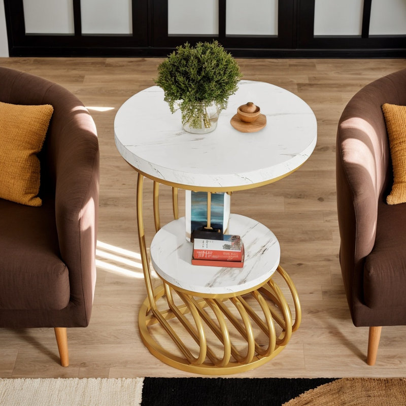 Table de bout ronde avec tablette de rangement à 2 niveaux, table d'appoint moderne pour le salon et la chambre à coucher