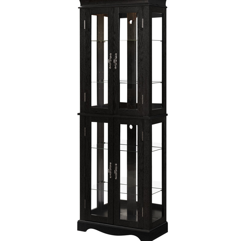 Bois noir éclairé - rangement en verre encadré avec charnière, tablettes réglables, installation à six niveaux pour les objets de collection dans la maison, éclairage de l'armoire, structure, étagères à vin et salon