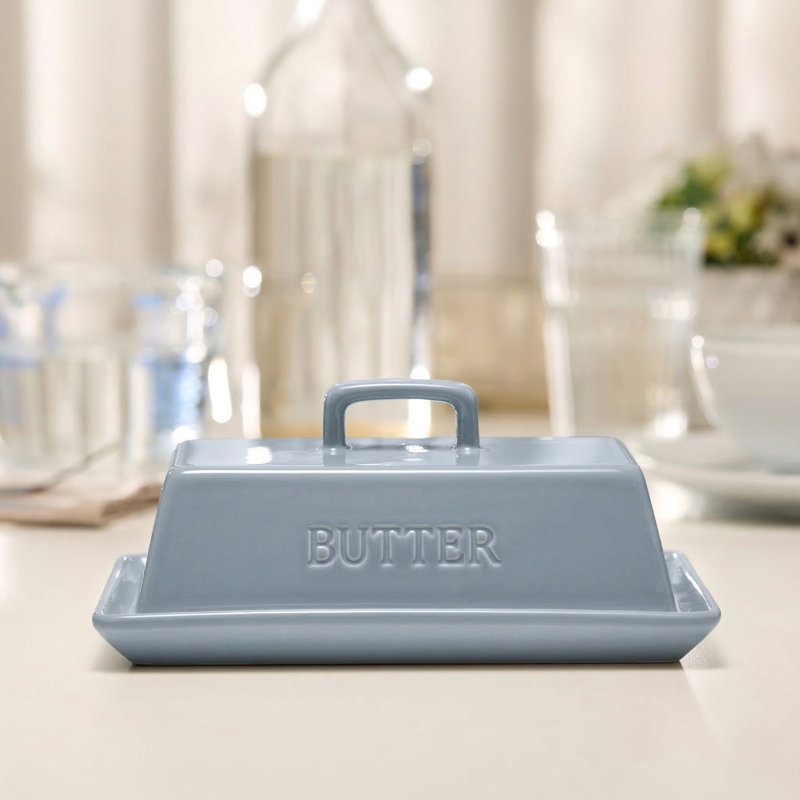  Ceramic Extra Large Butter Dish with Lid, Embossed, Casper Blue