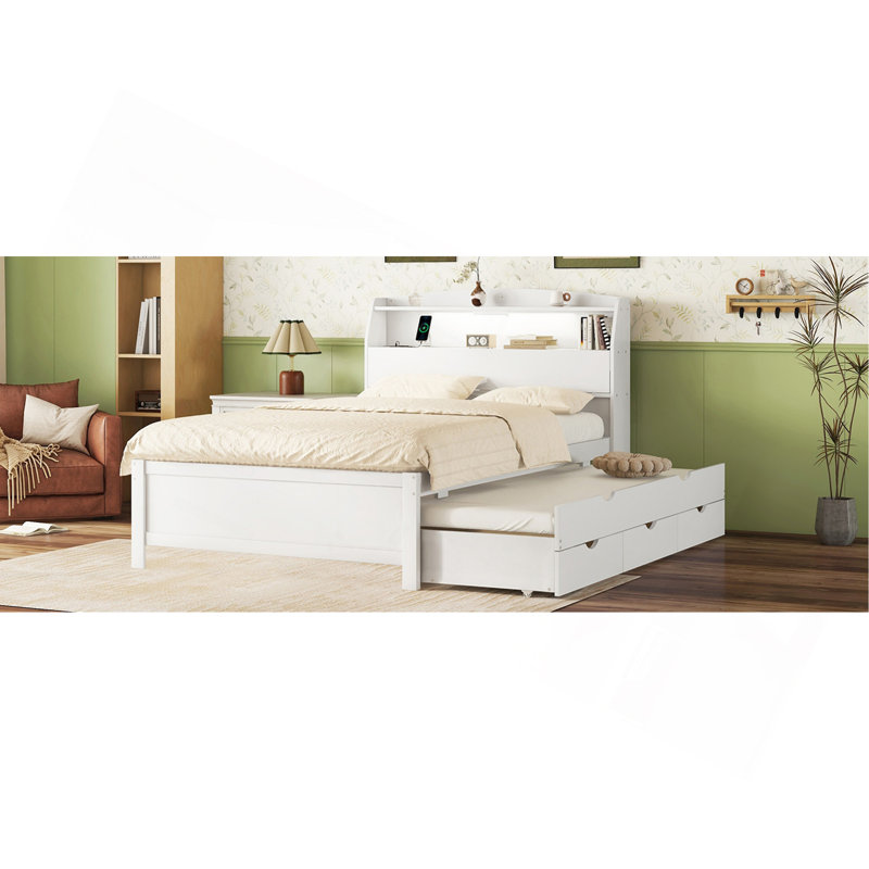 Lit plateforme double en bois avec lit gigogne et tête de lit à DEL, avec tiroirs, blanc, Lit double, Blanc