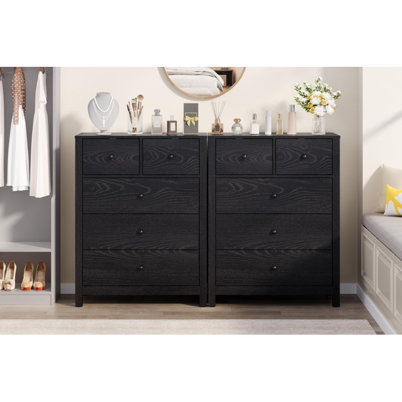 Tall 5 Drawer Dresser with Deep Drawers and Metal Knobs, Modern Wooden Double Chests of Drawers, Black