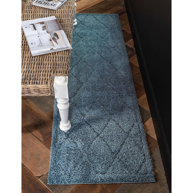 Tapis bleu ciel à poils longs Lattice, Tapis de couloir 2 pi 7 po x 10 pi