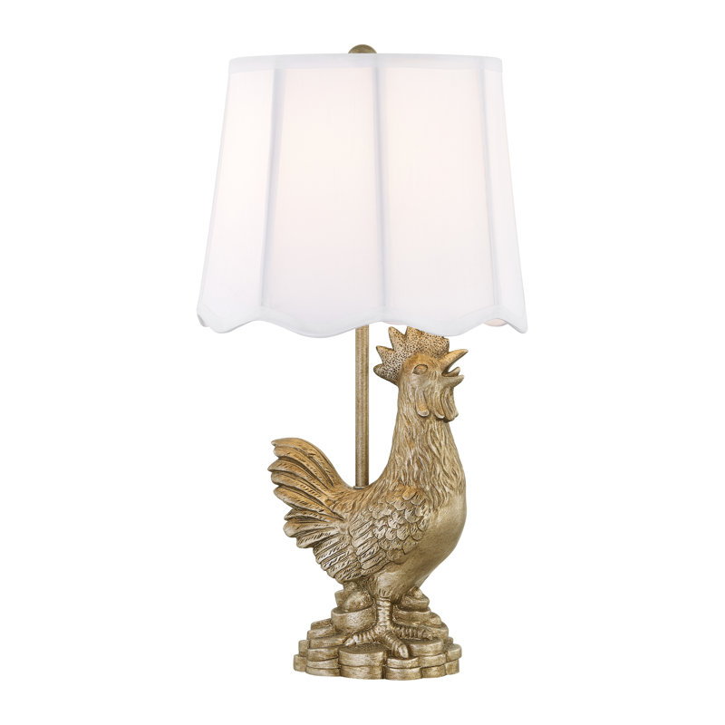 Lampe de table coq 23 po en résine dorée avec abat-jour en soie, Blanc, Doré