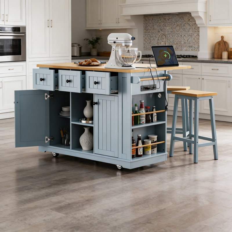 Îlot de cuisine avec 2 tabourets de bar et prise de courant, Bleu gris
