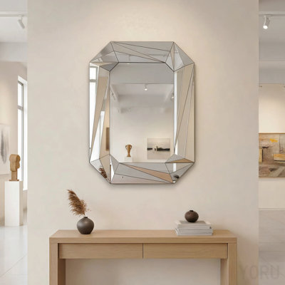 Diamond Shaped Large Wall Mirror For Decor Elegant Living Room, Modern Beveled Edge Frameless Accent Mirror For Entryway, Dining Room, Bathroom