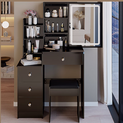 Petite coiffeuse 29,2 po avec tabouret de chevet gauche + grand tabouret rembourré, commande tactile, interrupteur tricolore, miroir à luminosité réglable, rangement grande capacité, convient aux petits espaces