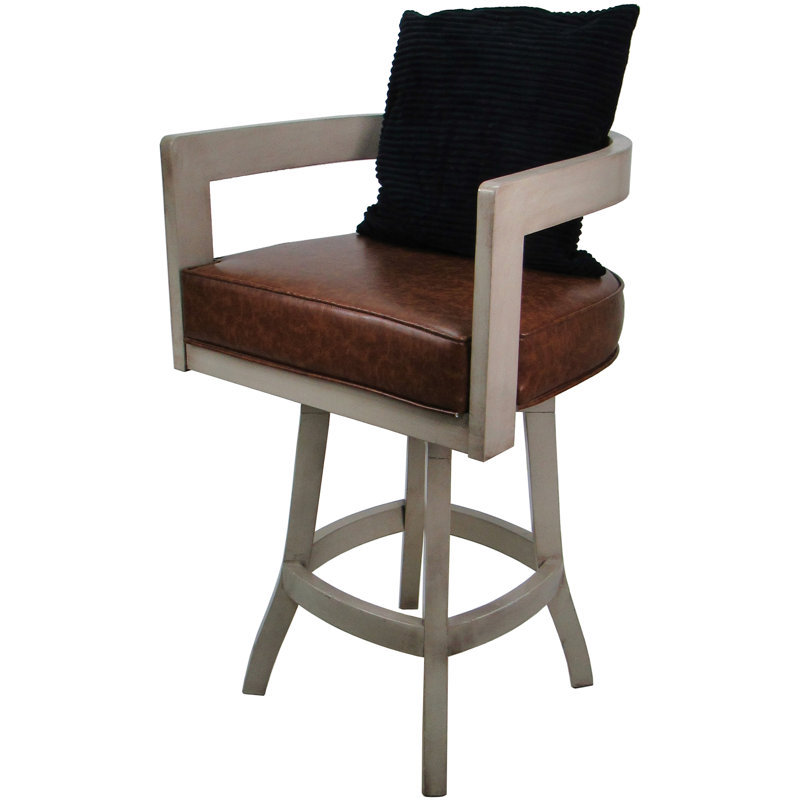 Megill Swivel Wood Extra Tall Bar Stool - Vinyl With A Pillow, Beige/Brown