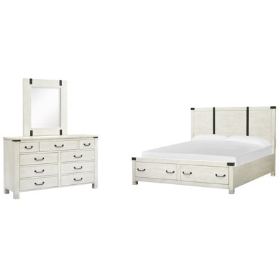 Grand lit avec rangement et commode à tiroirs avec miroir Portrait