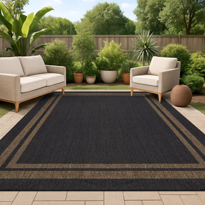 Border Dark Gray/Natural Easy-Care Jute-Style Indoor/Outdoor Flat Woven Area Rug