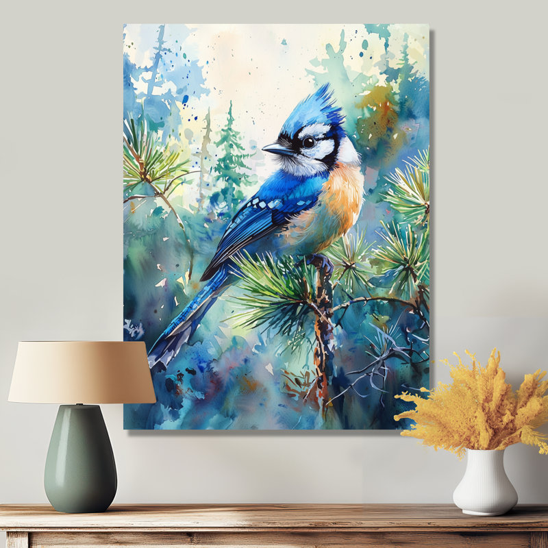 Geai bleu parmi les pins III - impression d'oiseau sur métal, H 32 po x l 24 po