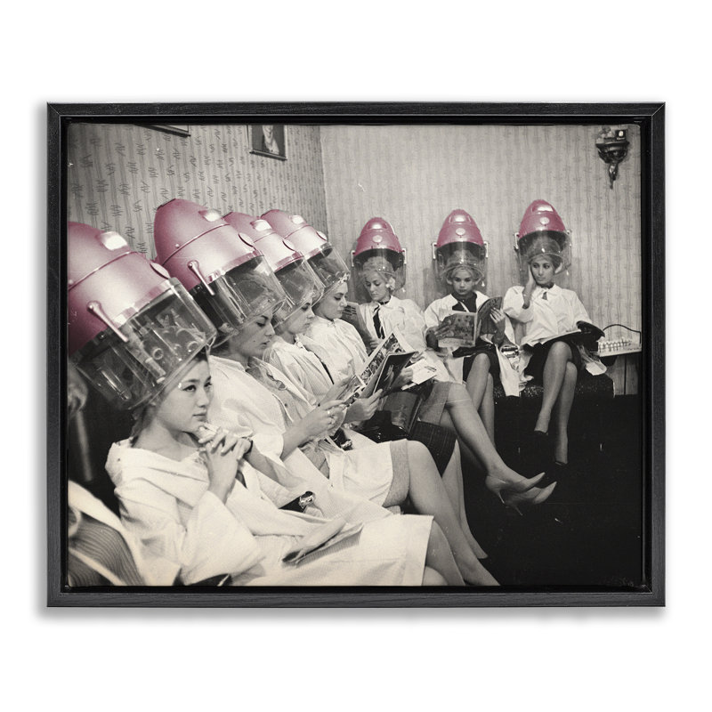 Vintage Pink Hair Dryers Floating Frame, design by Sophie 6, 17" H x 21" W, Jet Black Floater Frame