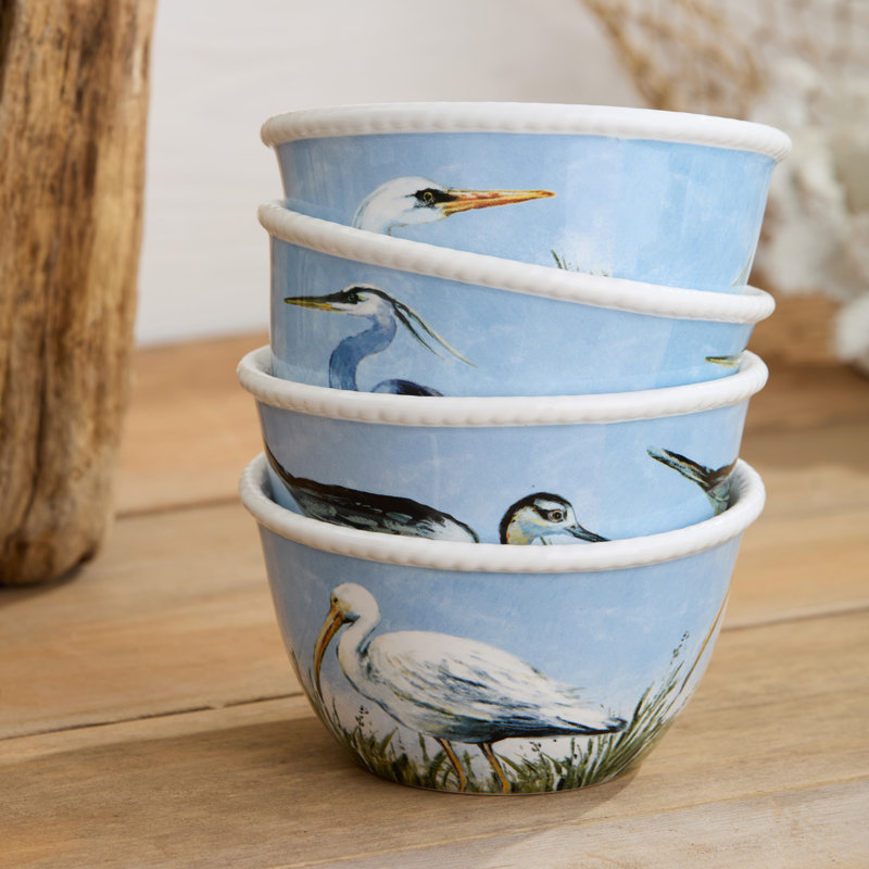 Coastal Birds Ice Cream Bowls Set of 4, Ceramic 5.25" Assorted artist-designed Shore Birds, Blue Sky Wetland Scenes, Dishwasher Safe Coastal Dessert Bowls