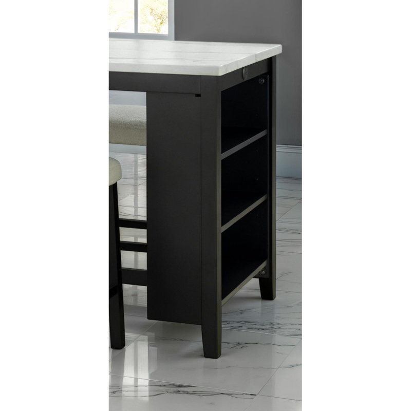 Dining Room Transitional 3Pc Dining Set Gloss Table Top W Storage Shelves Side 2X Stools Black Ivory White