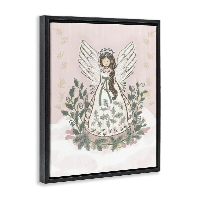 Ange de Noël avec cadre flottant botanique, design par Connie Summers, H 21 po x l 17 po, Cadre flottant noir de jais