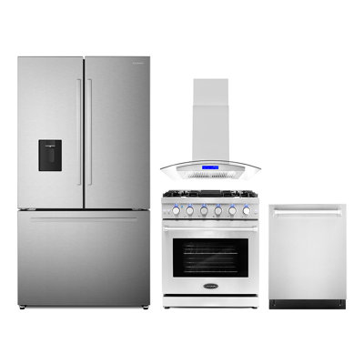 4 Piece Kitchen Package With 30"" Freestanding Gas Range 30"" Island Mount Range Hood 24"" Built-in Fully Integrated Dishwasher & French Door Refrigerato -  Cosmo, COS-4PKG-693