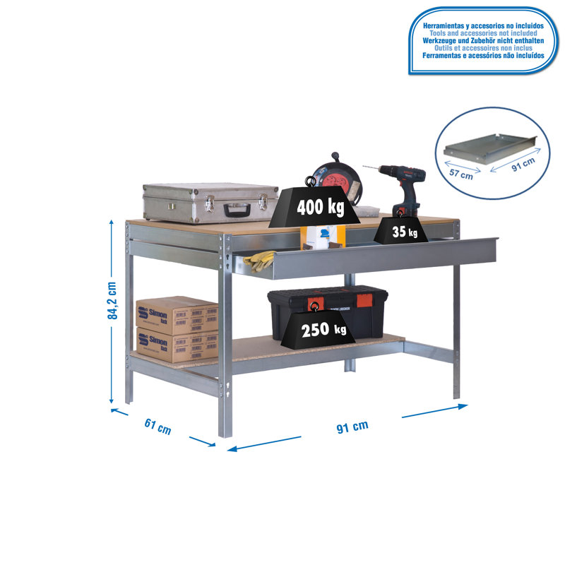 Wood Top Workbench, 84.2cm H x 91cm W x 61cm D