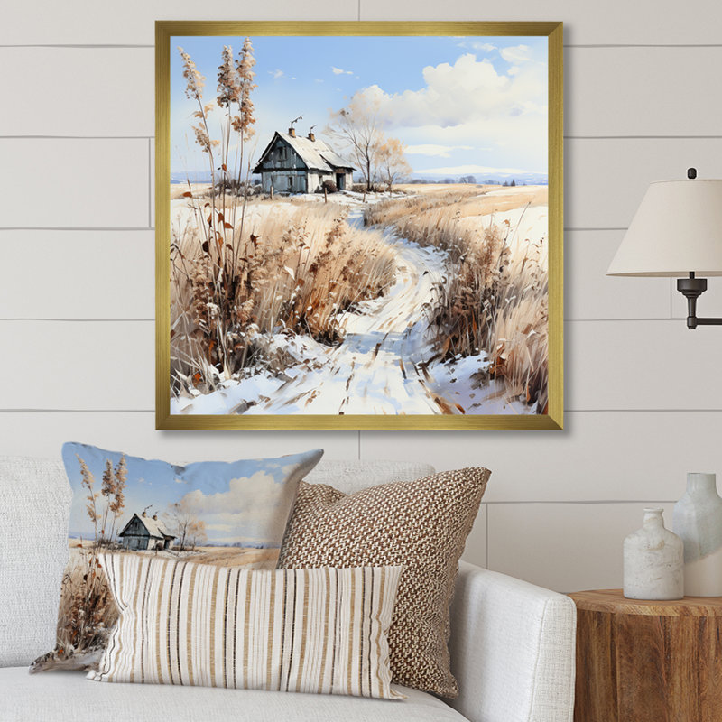 Reproduction d'art sur toile, "Prairies Charm In Winter Delight", Encadrement doré, H 36 po x l 36 po