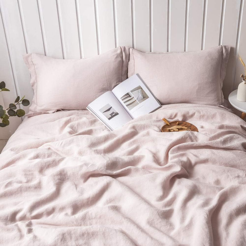 Ensemble de housse de couette 100% lin, Rose poudreux, Housse de couette double et 2 taies décoratives