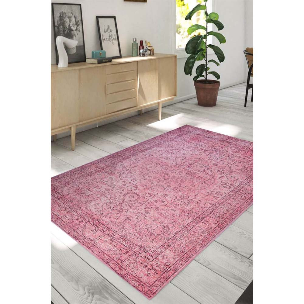 Deep Rose Rug Bungalow Rose Dorian Distressed Pattern Woven Base Decorative Pink Rug ...