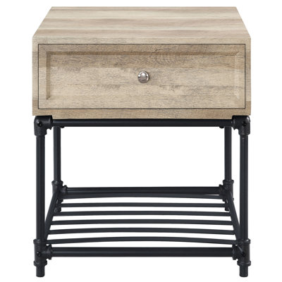 Table de bout industrielle rustique avec tablette, finition noir sablé et chêne à la mode, surface