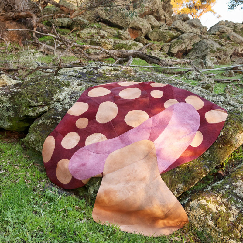 Funghi Cowhide Polka Dots Area Rug in Red/Pink/Nude, Slice/Wedge 7' x 10'