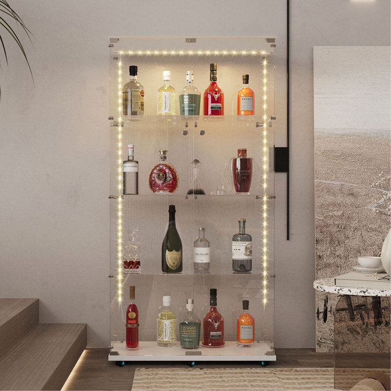 Vitrine en verre trempé, armoire à vin, armoire de rangement, classeur, avec bande DEL Bluetooth, peut être contrôlée par une télécommande ou une application mobile, roulettes pivotantes, peut être placée n'importe où, couleur: blanc