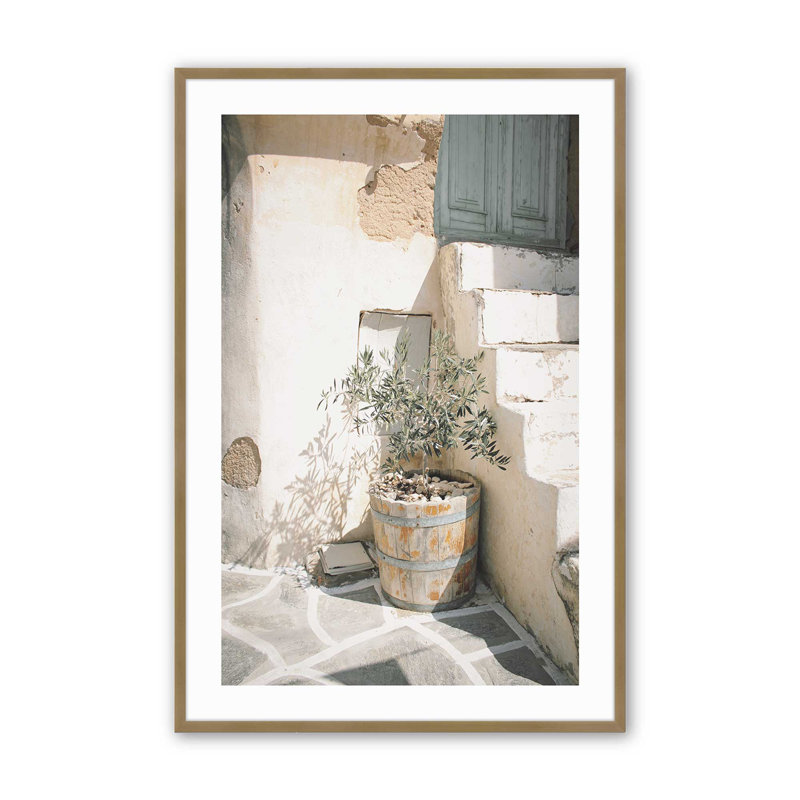 Imprimé d'olivier au soleil, Cadre simple brossé doré, H 17,25 po x l 13,25 po x P 1,25 po
