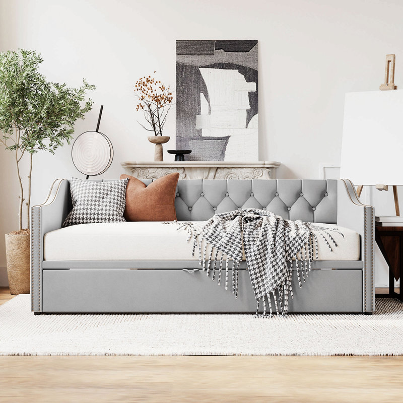 Twin Size Upholstered Daybed With Pop Up Trundle, Gray