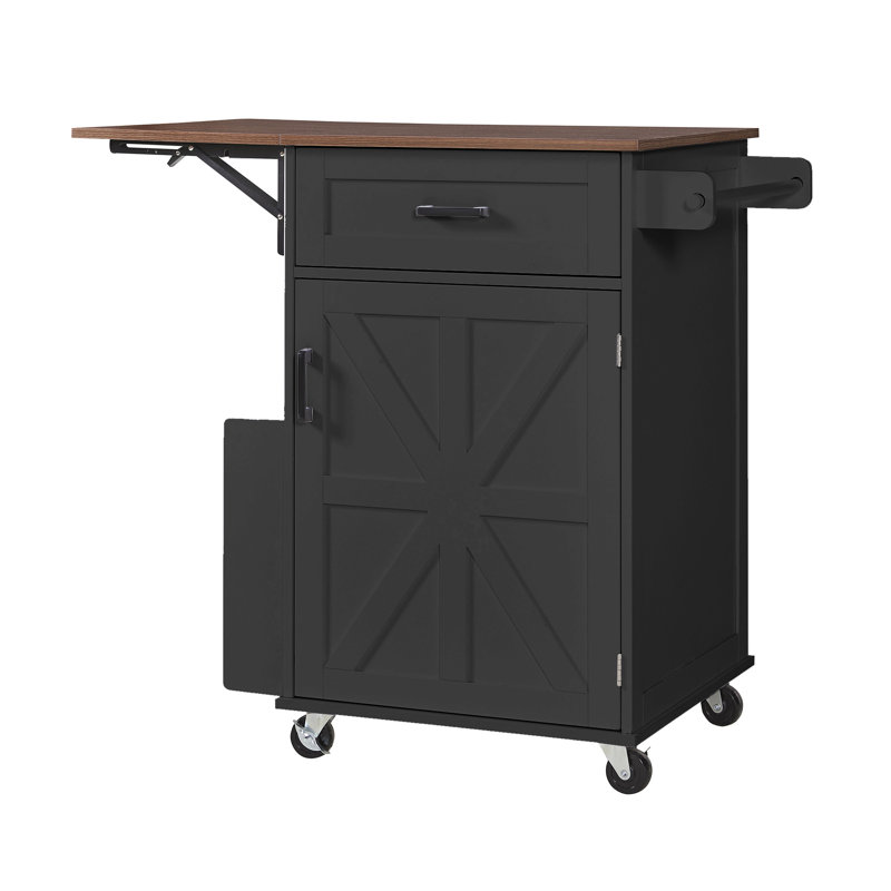 Farmhouse Kitchen Island Cart With Drop Leaf, Black