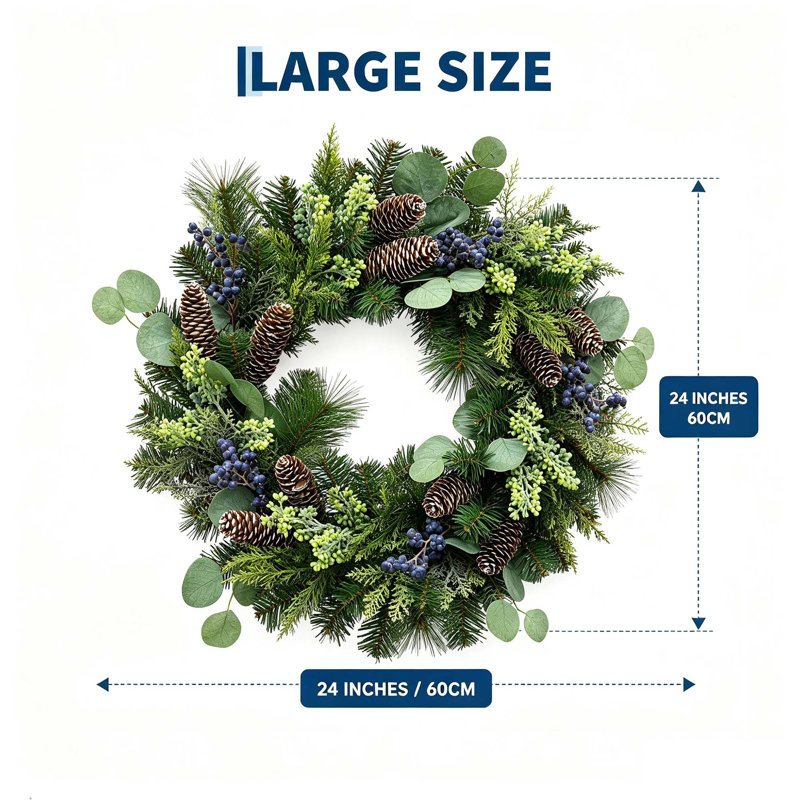 Couronne de Noël pré-illuminée de 61 cm (24 po) avec 20 lumières DEL, pommes de pin, baies bleues et eucalyptus