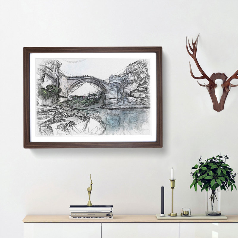 Stari Most Old Bridge Sketch - Picture Frame Graphic Art Print, 45cm H x 63cm W x 2cm D, Walnut Framed