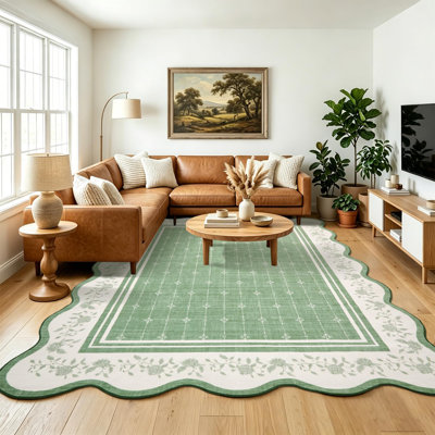 Scalloped Area Rug Large Washable Rugs for Living Room Bedroom Soft Dining Table Carpet Non Shedding Modern Bordered Indoor Carpet for Nursery Playroom Home Decor
